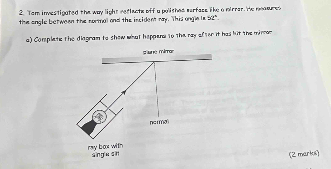 Tom investigated the way light reflects off a polished surface like a mirror. He measures 
the angle between the normal and the incident ray. This angle is 52°. 
a) Complete the diagram to show what happens to the ray after it has hit the mirror 
(2 marks)