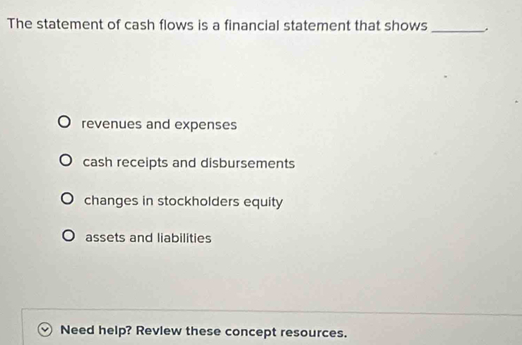 The statement of cash flows is a financial statement that shows_
revenues and expenses
cash receipts and disbursements
changes in stockholders equity
assets and liabilities
Need help? Revlew these concept resources.