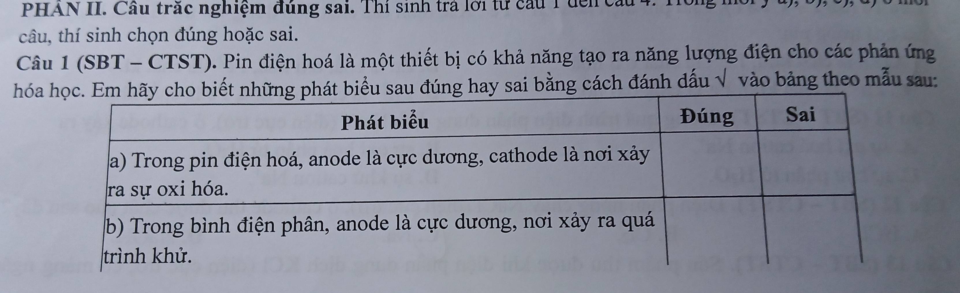 PHAN II. Cầu trăc nghiệm đúng sai. Thí sinh trả lời tử cầu 1 đến cầu 4. 1. 
câu, thí sinh chọn đúng hoặc sai. 
Câu 1 (SBT - CTST). Pin điện hoá là một thiết bị có khả năng tạo ra năng lượng điện cho các phản ứng 
hóag phát biểu sau đúng hay sai bằng cách đánh dấu √ vào bảng theo mẫu sau: