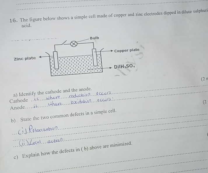 The figure below shows a simple cell made of copper and zinc electrodes dipped in dilute sulphuri 
acid. 
(2 r 
_ 
a) Identify the cathode and the anode. 
Cathode 
Anode 
_ 
_ 
_ 
b) State the two common defects in a simple cell. (2 
_ 
c) Explain how the defects in ( b) above are minimized. 
_