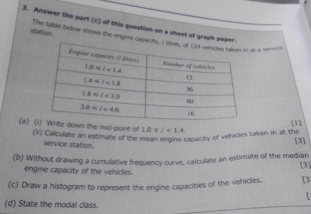 Answer the part (c) of this question on a sheet of graph
station.
The table below shows the engine  at a service
[1]
(a) (ite down the mid-point of 1.0≤ /<1.4.
(ii) Calculate an estimate of the mean engine capacity of vehicles taken in at the
service station.
[3]
(b) Without drawing a cumulative frequency curve, calculate an estimate of the median [3]
engine capacity of the vehicles.
(c) Draw a histogram to represent the engine capacities of the vehicles. [3
(d) State the modal class.