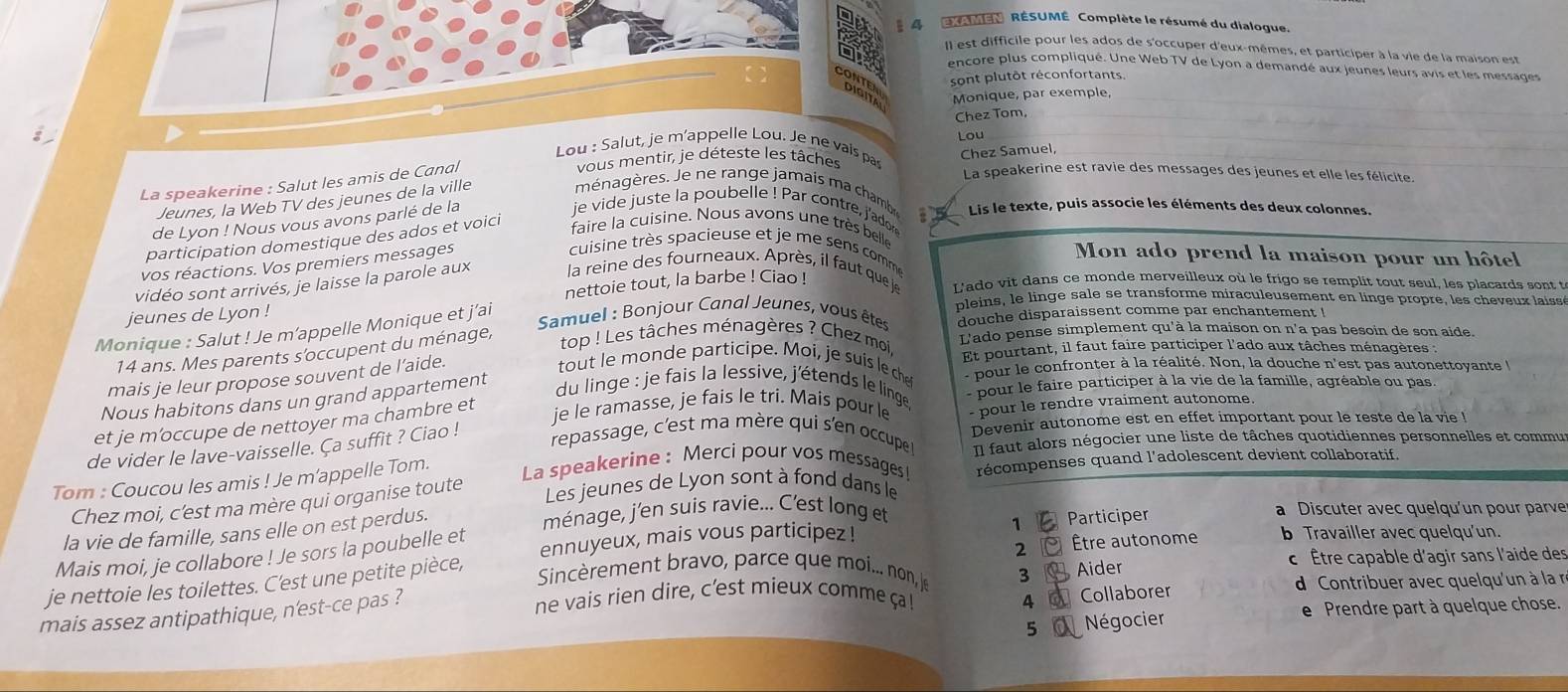 a mee RÉSUMÉ Complète le résumé du dialogue.
Il est difficile pour les ados de s'occuper d'eux-mêmes, et participer à la vie de la maison est
encore plus compliqué. Une Web TV de Lyon a demandé aux jeunes leurs avis et les messages
sont plutôt réconfortants.
Monique, par exemple,
Chez Tom,
: Lou
Lou : Salut, je m'appelle Lou. Je ne vais pas
vous mentir, je déteste les tâches La speakerine est ravie des messages des jeunes et elle les félicite.
La speakerine : Salut les amis de Canal Chez Samuel,
Jeunes, la Web TV des jeunes de la ville ménagères. Je ne range jamais m a chamb Lis le texte, puis associe les éléments des deux colonnes.
de Lyon ! Nous vous avons parlé de la
je vide juste la poubelle ! Par contre, j'ador
participation domestique des ados et voici
faire la cuisine. Nous avons une très belle
vos réactions. Vos premiers messages
cuisine très spacieuse et je me sens com Mon ado prend la maison pour un hôtel
nettoie tout, la barbe ! Ciao !
vidéo sont arrivés, je laisse la parole aux la reine des fourneaux. Après, il faut que je L'ado vit dans ce monde merveilleux où le frigo se remplit tout seul, les placards sont t
jeunes de Lyon !   Samuel : Bonjour Canal Jeunes, vous êtes douche disparaissent comme par enchantement !
Monique : Salut ! Je m’appelle Monique et j'ai
pleins, le linge sale se transforme miraculeusement en linge propre, les cheveux laiss
14 ans. Mes parents s'occupent du ménage,
top ! Les tâches ménagères ? Chez moi L'ado pense simplement qu'à la maison on n'a pas besoin de son aide.
-  pour le confronter à la réalité. Non, la douche n'est pas autonettoyante   
mais je leur propose souvent de l’aide.
tout le monde participe. Moi, je suis le che Et pourtant, il faut faire participer l'ado aux tâches ménagères :
Nous habitons dans un grand appartement
du linge : je fais la lessive, j'étends le linge - pour le faire participer à la vie de la famille, agréable ou pas.
et je m'occupe de nettoyer ma chambre et
je le ramasse, je fais le tri. Mais pour le - pour le rendre vraiment autonome
de vider le lave-vaisselle. Ça suffit ? Ciao !
repassage, c'est ma mère qui s'en occupe Devenir autonome est en effet important pour le reste de la vie !
I faut alors négocier une liste de tâches quotidiennes personnelles et commur
Tom : Coucou les amis ! Je m’appelle Tom.
La speakerine : Merci pour vos messages! récompenses quand l’adolescent devient collaboratif.
Chez moi, c'est ma mère qui organise toute
Les jeunes de Lyon sont à fond dans le
la vie de famille, sans elle on est perdus. ménage, j'en suis ravie... C’est long et
1 Participer a Discuter avec quelqu'un pour parve
2 Être autonome b Travailler avec quelqu’un.
Mais moi, je collabore ! Je sors la poubelle et
Sincèrement bravo, parce que moi... non, le 3 Aider   Étre capable d'agir sans l'aide des
je nettoie les toilettes. C'est une petite pièce, ennuyeux, mais vous participez !
mais assez antipathique, n'est-ce pas ?
ne vais rien dire, c'est mieux comme ça ! d Contribuer avec quelqu'un à la r
4  Collaborer
5  Négocier e Prendre part à quelque chose.