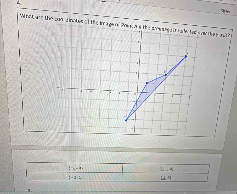 Styles
(5,-4)
(-5,4)
(-1,1)
(4,5)
5.