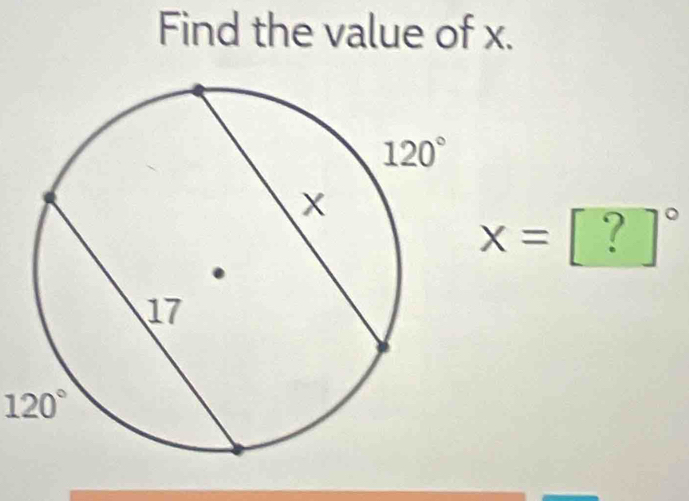 Find the value of x.
x=[?]^circ 
120°