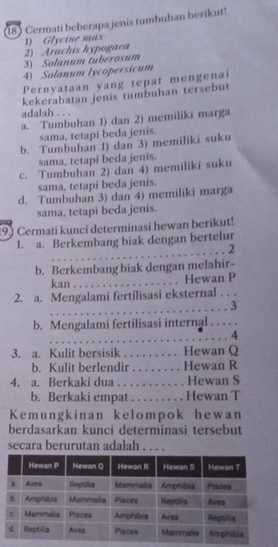 Cermati beberapa jenis tumbuhan berikut!
1) Glycine max
2) Arachis hypogaea
3) Solanum tuberosum
4) Solanum lycopersicum
Pernyataan yang tepat mengenai
kekerabatan jenis tumbuhan tersebut
adalah . . .
a. Tumbuhan 1) dan 2) memiliki marga
sama, tetapi beda jenis.
b. Tumbuhan 1) dan 3) memiliki suku
sama, tetapi beda jenis.
c. Tumbuhan 2) dan 4) memiliki suku
sama, tetapi beda jenis.
d. Tumbuhan 3) dan 4) memiliki marga
sama, tetapi beda jenis.
(9.) Cermati kunci determinasi hewan berikut!
1. a. Berkembang biak dengan bertelur
, . . . . . . . . . .. 2
b. Berkembang biak dengan melahir-
kan . . . . . . . . . . . . . . . . . . Hewan P
2. a. Mengalami fertilisasi eksternal . . .
…………. 3
b. Mengalami fertilisasi internal . . . . .
…… 4
3. a. Kulit bersisik . . . . . . . . . Hewan Q
b. Kulit berlendir . . . . . . . . Hewan R
4. a. Berkaki dua . . . . . . . . . . . Hewan S
b. Berkaki empat . . . . . . . . . Hewan T
Kemungkinan kelompok hewan
berdasarkan kunci determinasi tersebut
secara berurutan adalah . . . .