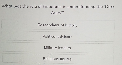 What was the role of historians in understanding the 'Dark
Ages'?
Researchers of history
Political advisors
Military leaders
Religious figures