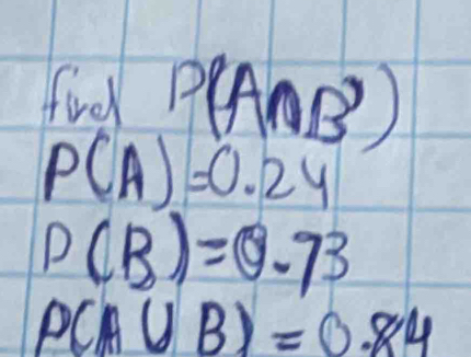 fid P(A∩ B')
P(A)=0.24
P(B)=0.73
P(A∪ B)=0.84