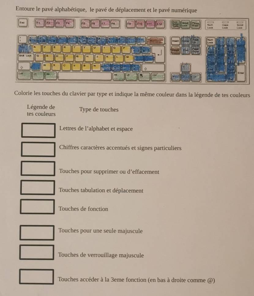 Résolu :Entoure le pavé alphabétique, le pavé de déplacement et le pavé ...
