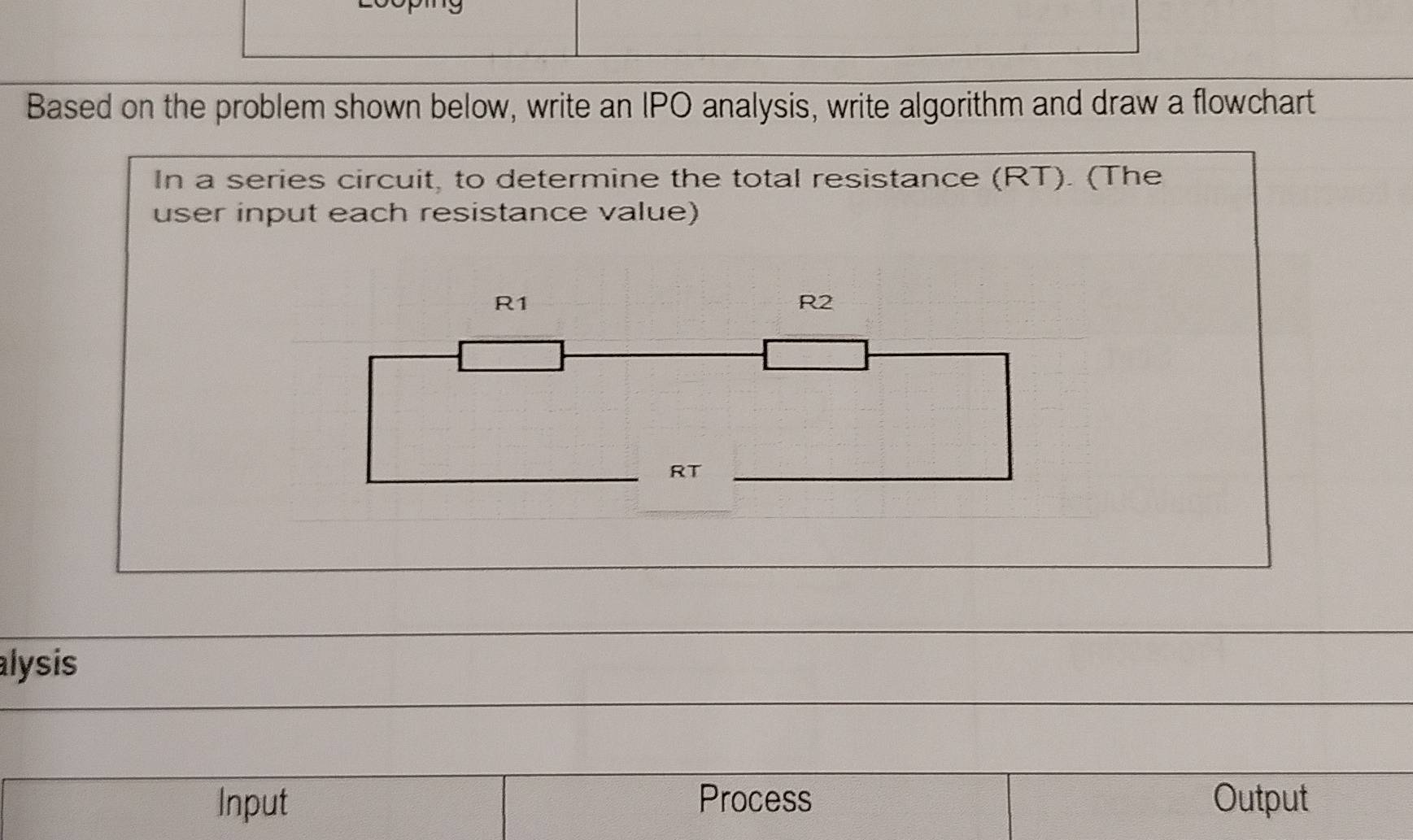 Based on the problem shown below, write an IPO analysis, write algorithm and draw a flowchart 
In a series circuit, to determine the total resistance (RT). (The 
user input each resistance value) 
alysis 
Input Process Output