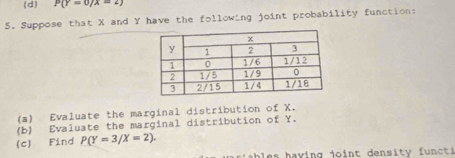 P(Y=0/X=2)
5. Suppose that X and Y have the following joint probability function:
(a) Evaluate the marginal distribution of X.
(b) Evaluate the marginal distribution of Y.
(c) Find P(Y=3/X=2). 
ab s ha v ing joint density func t i