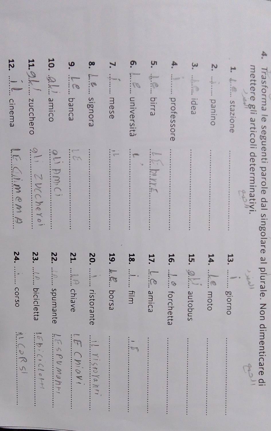 Trasforma le seguenti parole dal singolare al plurale. Non dimenticare di 
mettere gli articoli determinativi. 
1. _stazione _13. _giorno_ 
2. _panino _14. _moto_ 
3. _idea_ 
15. _autobus_ 
4. _professore _16. _forchetta_ 
5. _birra __amica_ 
17. 
6. _università _18. _film_ 
7. _mese _19. _borsa_ 
8. _signora _20. _ristorante_ 
21. 
9. _banca __chiave_ 
22. 
10. _amico __spumante_ 
11. _zucchero_ 
23. _bicicletta_ 
_ 
24. _corso_ 
12. _cinema