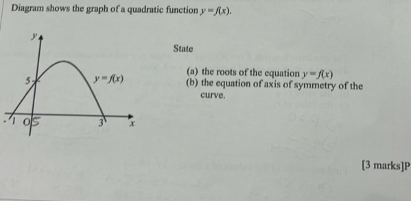 Diagram shows the graph of a quadratic function y=f(x).
State
(a) the roots of the equation y=f(x)
(b) the equation of axis of symmetry of the
curve.
[3 marks]P