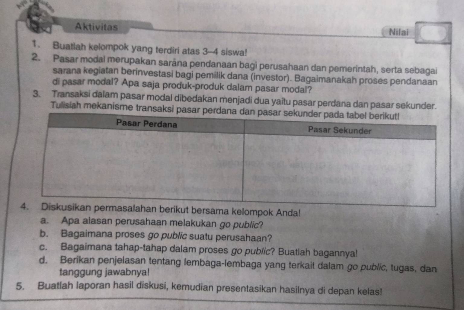 Aktivitas 
Nilai 
1. Buatlah kelompok yang terdiri atas 3 - 4 siswa! 
2. Pasar modal merupakan sarāna pendanaan bagi perusahaan dan pemerintah, serta sebagai 
sarana kegiatan berinvestasi bagi pemilik dana (investor). Bagaimanakah proses pendanaan 
di pasar modal? Apa saja produk-produk dalam pasar modal? 
3. Transaksi dalam pasar modal dibedakan menjadi dua yaîtu pasar perdana dan pasar sekunder. 
Tulisiah mekanisme transaksi p 
elompok Anda! 
a. Apa alasan perusahaan melakukan go public? 
b. Bagaimana proses go public suatu perusahaan? 
c. Bagaimana tahap-tahap dalam proses go public? Buatlah bagannya! 
d. Berikan penjelasan tentang lembaga-lembaga yang terkait dalam go public, tugas, dan 
tanggung jawabnya! 
5. Buatlah laporan hasil diskusi, kemudian presentasikan hasilnya di depan kelas!