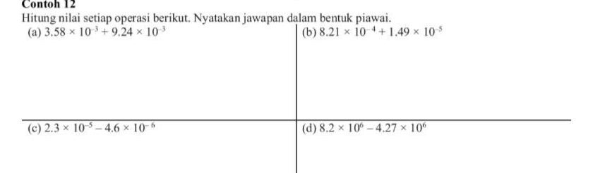 Contoh 12
Hitung nilai setiap operasi berikut. Nlam bentuk piawai.