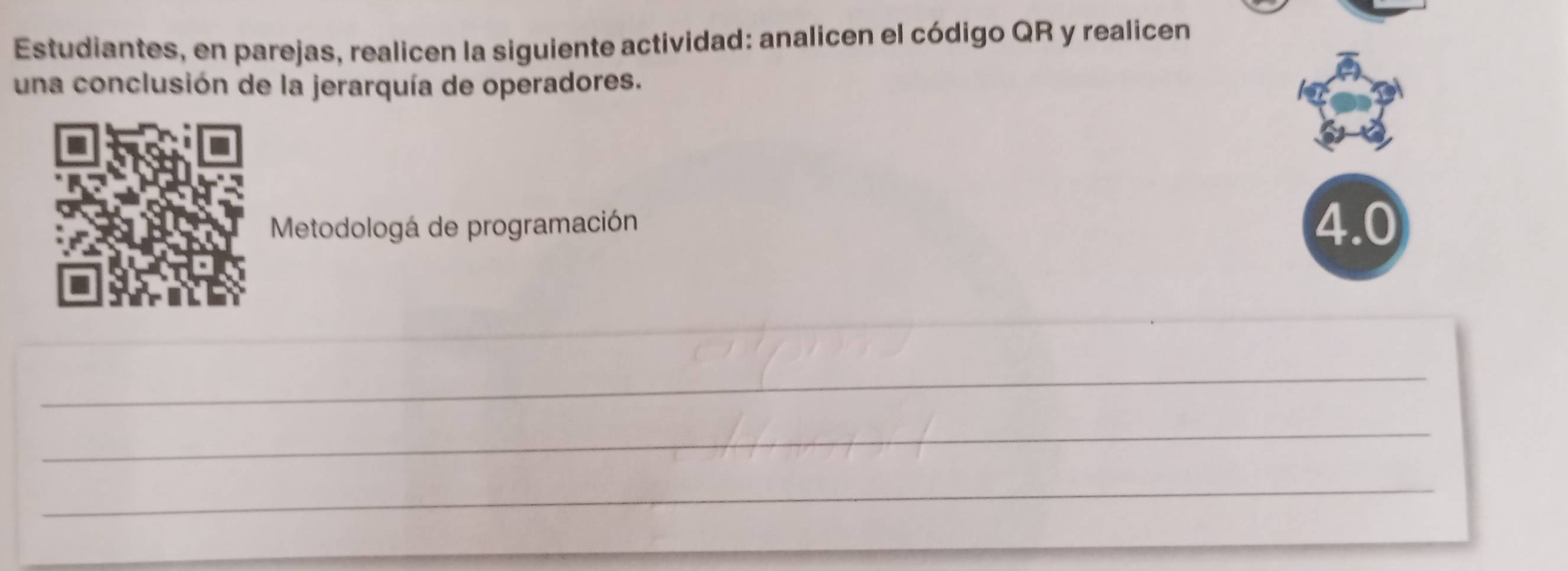 Estudiantes, en parejas, realicen la siguiente actividad: analicen el código QR y realicen 
una conclusión de la jerarquía de operadores. 
Metodologá de programación 4.0
_ 
_ 
_ 
_ 
_