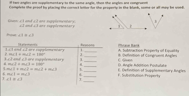 If two angles are supplementary to the same angle, then the angles are congruent
Complete the proof by placing the correct letter for the property in the blank, some or all may be used.
Given: ∠ 1 and ∠ 2 are supplementary;3
∠ 2 and ∠ 3 are supplementary 
Prove: ∠ 1≌ ∠ 3
Statements Reasons Phrase Bank
1. ∠ 1 and ∠ 2 are supplementary 1._ A. Subtraction Property of Equality
2. m∠ 1+m∠ 2=180° 2. _B. Definition of Congruent Angles
3. ∠ 2 and ∠ 3 are supplementary 3. _C. Given
4. m∠ 2+m∠ 3=180° 4. _D. Angle Addition Postulate
5. m∠ 1+m∠ 2=m∠ 2+m∠ 3 5._ E. Definition of Supplementary Angles
6. m∠ 1=m∠ 3 6._ F. Substitution Property
7. ∠ 1≌ ∠ 3
7._