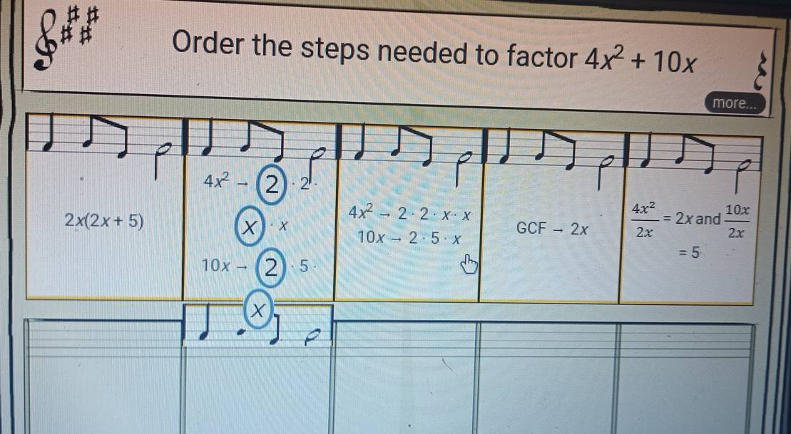 Order the steps needed to factor 4x^2+10x