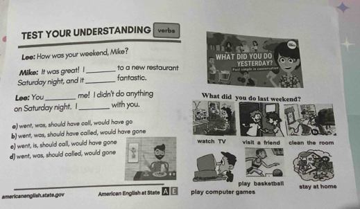 TEST YOUR UNDERSTANDING verbs
Lee: How was your weekend, Mike? WHAT DID YOU DO
Mike: It was great! I_ to a new restaurant YESTERDAY?
Saturday night, and it _fantastic.
Lee: You_ me! I didn't do anything What did you do last weekend?
on Saturday night. I_ with you.
a) went, was, should have call, would have go
b) went, was, should have called, would have gone
e) went, is, should call, would have gone watch TV visit a friend clean the room
d) went, was, should called, would gone
play basketball
americanenglish.state.gov American English at State : play computer games stay at home