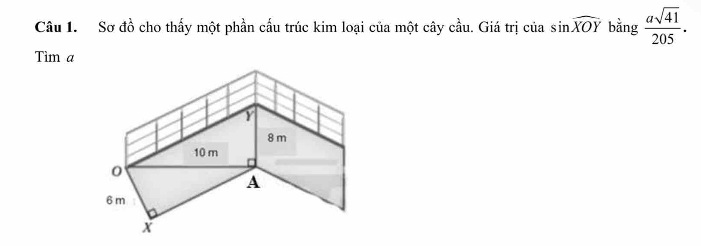 Sơ đồ cho thấy một phần cấu trúc kim loại của một cây cầu. Giá trị của sin widehat XOY bằng  asqrt(41)/205 . 
Tìm a