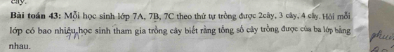 eay. 
Bài toán 43: Mỗi học sinh lớp 7A, 7B, 7C theo thứ tự trồng được 2cây, 3 cây, 4 cây. Hỏi mỗi 
lớp có bao nhiệu học sinh tham gia trồng cây biết rằng tổng số cây trồng được của ba lớp bằng 
nhau.