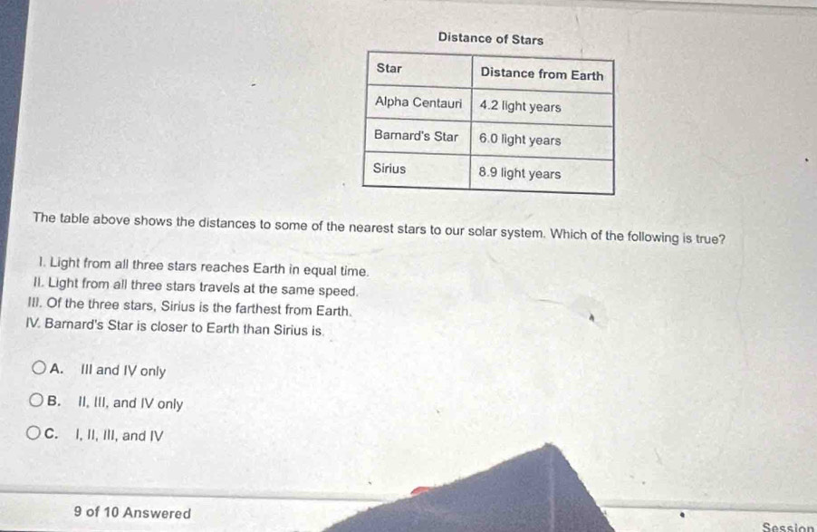 Distance of Stars
The table above shows the distances to some of the nearest stars to our solar system. Which of the following is true?
1. Light from all three stars reaches Earth in equal time.
II. Light from all three stars travels at the same speed.
III. Of the three stars, Sirius is the farthest from Earth.
IV. Barnard's Star is closer to Earth than Sirius is.
A. III and IV only
B. II, III, and IV only
C. I, II, III, and IV
9 of 10 Answered