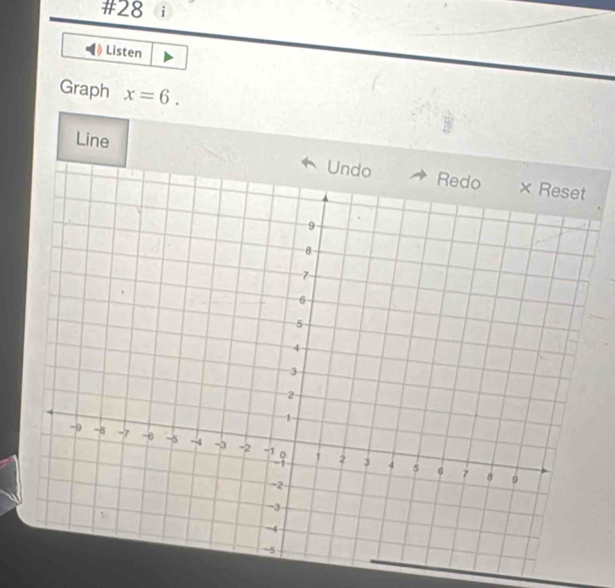 #28 i 
Listen 
Graph x=6. 
Line