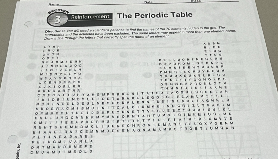 Name Date
Ctio
Reinforcement The Periodic Table
Directions: You will need a scientist's patience to find the names of the 70 elements hidden in the grid. The
lanthanides and the actinides have been excluded. The same letters may appear in more than one element name.
Draw a line through the letters that correctly spell the name of an element.
A S B M
A Y M R
B L U E
A N U E
G N T N E 1 A G
T T O S
。 。 s1
N C A D M I U M N DE F LUOR I NE HL HU
A I N O E O B O C G H PB R O M I N E D A P L
I L  O  J E N L H K L MUI N E H T U R C S P
M  I D N Z E L Y O P MQ R T S C M U VHEO H
W S A Y X M D B Z Y D U  R X E U A S L B L H U
L C R N U R B D D PEΝITIFG。H。P R
E JK I O R L E M OE NODV PR D N LQT H
K N D G A R T N R T HH N I A I SI I A A H E
CNEDS TIUHYAHEM PERBENITATSAΙAOGNL UUDNIAN
1NΙBΙUMOCL E ！ DE TANA BE L E GOSC F FEAM L M TT T L ！
NUHTNEELDEULMBORONMLENNTSSISLNDLIAGHHLU
мNоbRACмISмUINITCAL CIUммUIN。 CRIZL TPASIM
ORMMMOUTUEIDBUPUTUNETTVERUEEOTUUHIEΝIUL
ESUL UNG CM NNRMYM MRORN TAHTUMS I BIMNMIUUL MN
GMI/！ΙE EAVUER мUIR T T YN T YΙFIRIAIRIDIUмVVE
RUΝTSECMNBMKL IUEмECHROMIUMANL TSUQXYGENм
E IAHE L RN ICEM N MDESENAG N AMAMPS TRON TIUMRAN
P L T I N E A D AN B E
P E I U G M I U A R L A
O HT M AU  DR M E F D
6 C M U A M U I M S O L D