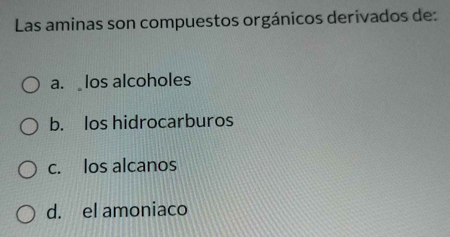 Las aminas son compuestos orgánicos derivados de:
a. los alcoholes
b. los hidrocarburos
c. los alcanos
d. el amoniaco