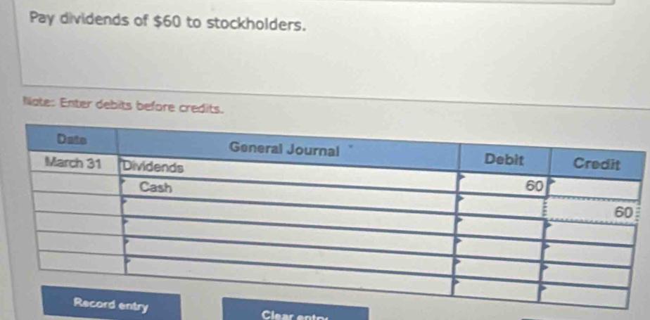 Pay dividends of $60 to stockholders. 
Nate: Enter debits before credits.