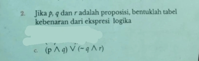 Jika p, q dan r adalah proposisi, bentuklah tabel 
kebenaran dari ekspresi logika 
c. (pwedge q)vee (sim qwedge r)