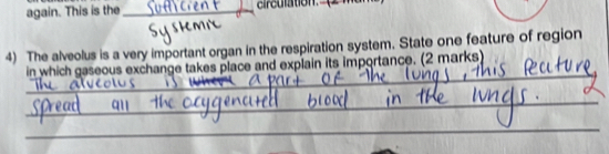 again. This is the_ 
4) The alveolus is a very important organ in the respiration system. State one feature of region 
_ 
in which gaseous exchange takes place and explain its importance. (2 marks) 
_ 
_