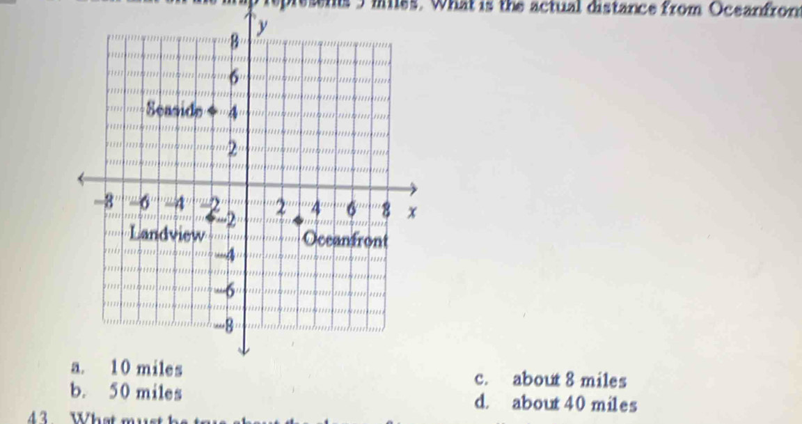 represens 5 miles. What is the actual distance from Oceanfron
c. about 8 miles
b. 50 miles d. about 40 miles
43 What m u st h