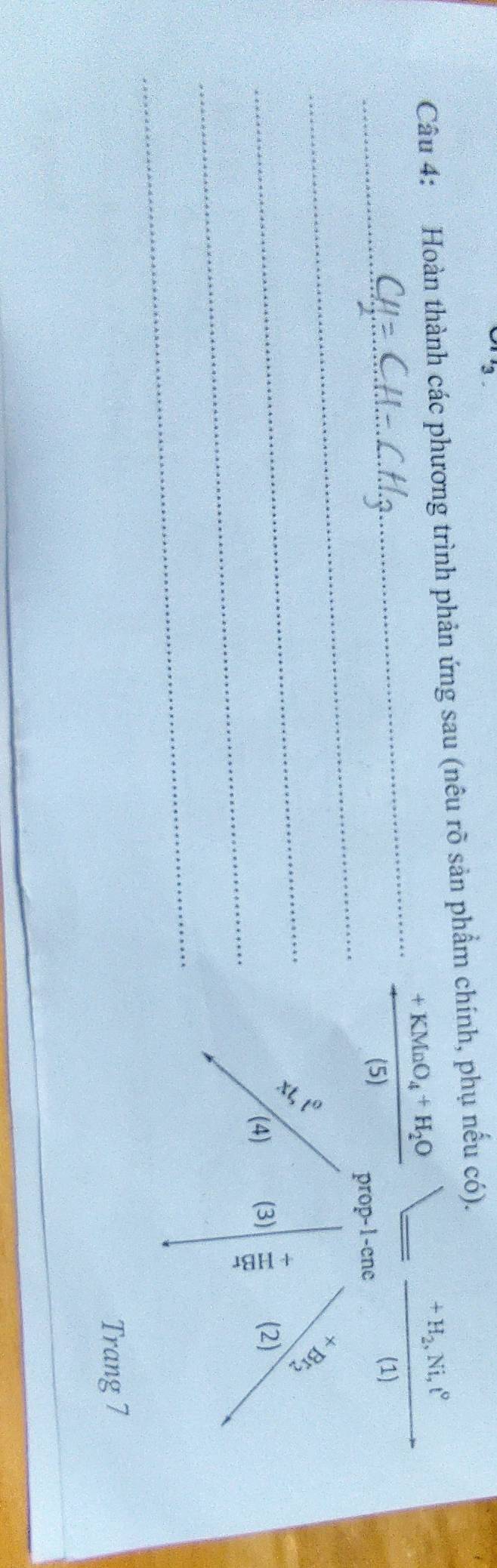 Hoàn thành các phương trình phản ứng sau (nêu rõ sản phẩm chính, phụ nếu có). 
_
+KMnO_4+H_2O
+H_2, Ni, t°
_ 
(5) (1) 
Drop- 1-ene 
_ 
_ 
(4) (3) (2) 
_ 
Trang 7 
_