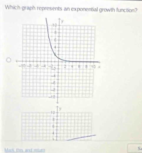 Which graph represents an exponential growth function?
y
10
8
6
Mark this and retuen
S