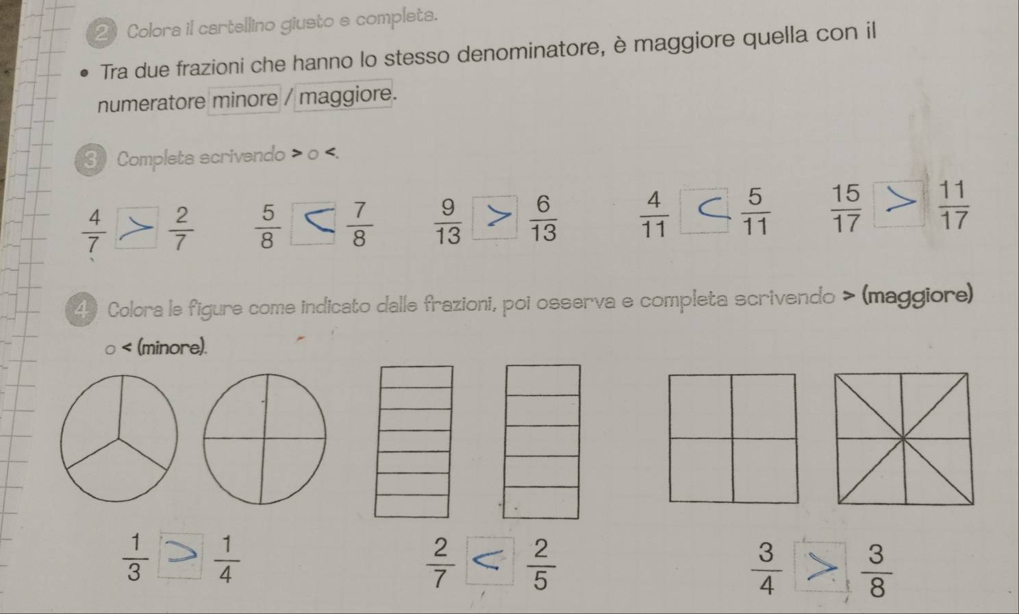 Colora il cartellino giusto e completa. 
Tra due frazioni che hanno lo stesso denominatore, è maggiore quella con il 
numeratore minore / maggiore. 
3 Completa scrivendo > o
 4/7   2/7   5/8   7/8   9/13   6/13 
 4/11   5/11   15/17  |  11/17 
4 Colora le figure come indicato dalle frazioni, poi osserva e completa scrivendo > (maggiore) 
○ < (minore). 
:>  1/4 
÷>