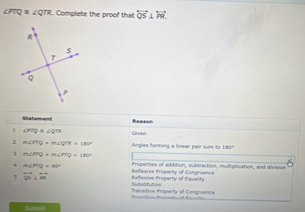 ∠ PTQ≌ ∠ QTR. Complete the proof that overleftrightarrow QS⊥ overleftrightarrow PR. 
Statement Reason
1 ∠ PTQ≌ ∠ QTR
Given
2 m∠ PTQ+m∠ QTR=180° Angles forming a linear pair sum to 180°
] m∠ FTQ+m∠ PTQ=180°
4 m∠ FTQ=90°
Properties of addition, subtraction, multiplication, and division
Reflexive Property of Congruence
5 overleftrightarrow QS⊥ overleftrightarrow PR
Reflexive Property of Equality
Substitution
Transitive Property of Congruence