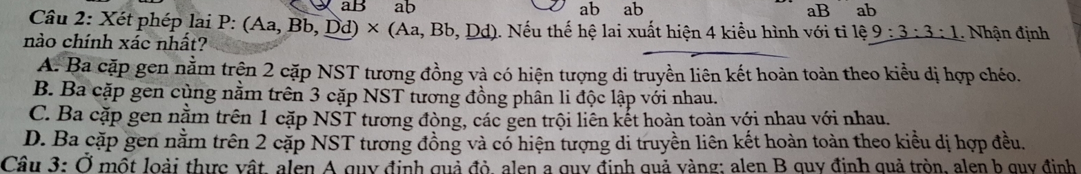 aB ab ab ab aB ab
Câu 2: Xét phép lai P: (Aa, B ,Bb,Dd)* (Aa,Bb,Dd) 1. Nếu thế hệ lai xuất hiện 4 kiều hình với tỉ 1hat e9:3:3:1. Nhận định
nào chính xác nhất?
A. Ba cặp gen nằm trện 2 cặp NST tương đồng và có hiện tượng di truyền liên kết hoàn toàn theo kiểu dị hợp chéo.
B. Ba cặp gen cùng nằm trên 3 cặp NST tương đồng phân li độc lập với nhau.
C. Ba cặp gen nằm trên 1 cặp NST tương đòng, các gen trội liên kết hoàn toàn với nhau với nhau.
D. Ba cặp gen nằm trên 2 cặp NST tương đồng và có hiện tượng di truyền liên kết hoàn toàn theo kiều dị hợp đều.
Câu 3: O Ở một loài thực vật, alen A quy định quả đỏ, alen a quy định quả vàng: alen B quy đinh quả tròn, alen b quy đinh