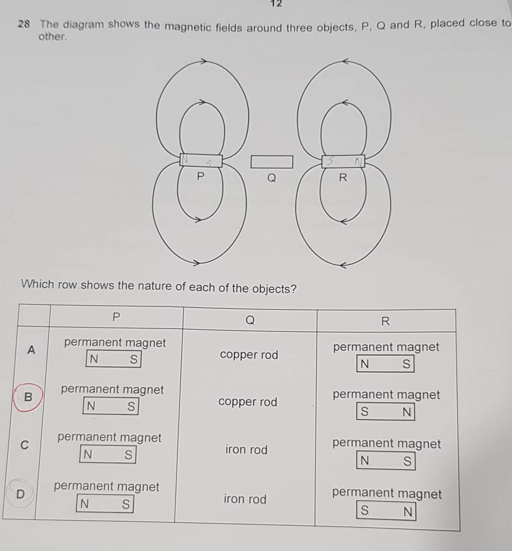 12 
28 The diagram shows the magnetic fields around three objects, P, Q and R, placed close to 
other. 
Which row shows the nature of each of the objects?