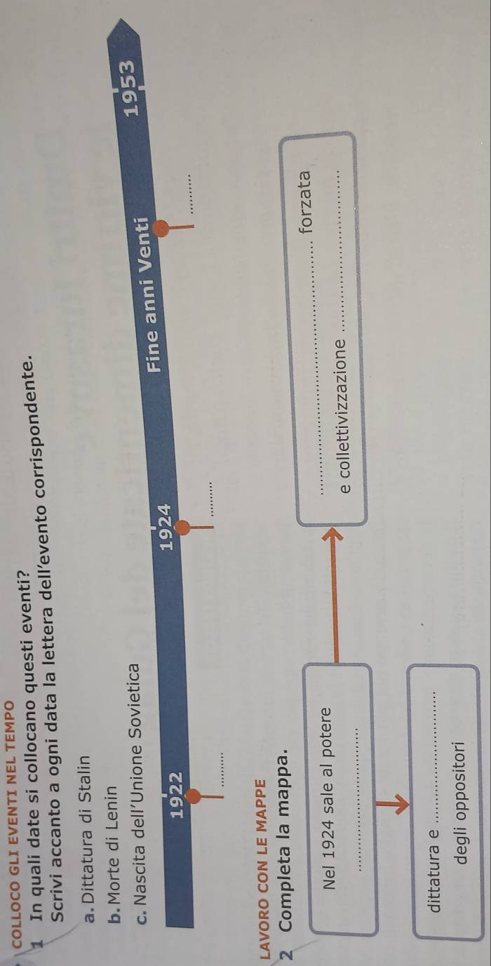 COLLOCO GLI EVENTI NEL TEMPO 
1 In quali date si collocano questi eventi? 
Scrivi accanto a ogni data la lettera dell’evento corrispondente. 
a Dittatura di Stalin 
b.Morte di Lenin 
c. Nascita dell’Unione Sovietica 
Fine anni Venti 1953 
_ 
1922 1924 
_ 
_ 
LAVORO CON LE MAPPE 
2 Completa la mappa. 
_forzata 
_ 
Nel 1924 sale al potere 
_ 
e collettivizzazione 
dittatura e_ 
degli oppositori