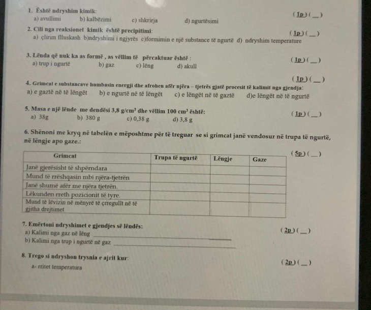 Êshtë ndryshim kimík: ( 1p ) ( _)
a) avullimi b) kalbēzimi c) shkrirja d) ngurtësimi
2. Cili nga reaksionet kimik është precipitimi: ( 1p ) ( _)
a) çlirim flluskash b)ndryshimi i ngjyrës c)formimin e një substance të ngurtë d) ndryshim temperature
3. Lënda që nuk ka as formë , as vëllim të përcaktuar është : ( 1p ) (_ )
a) trup i ngurtë b) gaz c) lēng d) akull
( 1p ) ( _)
4. Grimcat e substancave humbasin energji dhe afrohen afër njëra - tjetrës gjatë procesit të kalimit nga gjendja:
a) e gaztë në të lëngët b) e ngurtë në të lëngët c) e lëngët në të gaztë d)e lëngët në të ngurtë
5. Masa e një lënde me dendësi 3.8g/cm^3 dhe vëllim 100cm^3 është: ( 1p ) ( _)
a) 38g b) 380 g c) 0,38 g d) 3,8 g
6. Shënoni me kryq në tabelën e mëposhtme për të treguar se si grimcat janë vendosur në trupa të ngurtë,
në lëngje apo gaze.:
_)
_
7. Emërtoni ndryshimet e gjendjes së lëndës: _)
a) Kalimi nga gaz në lēng ( 2p ) (
_
b) Kalimi nga trup i ngurtë në gaz
8. Trego si ndryshon trysnia e ajrit kur: ( 2p ) (_ )
a- rritet temperatura