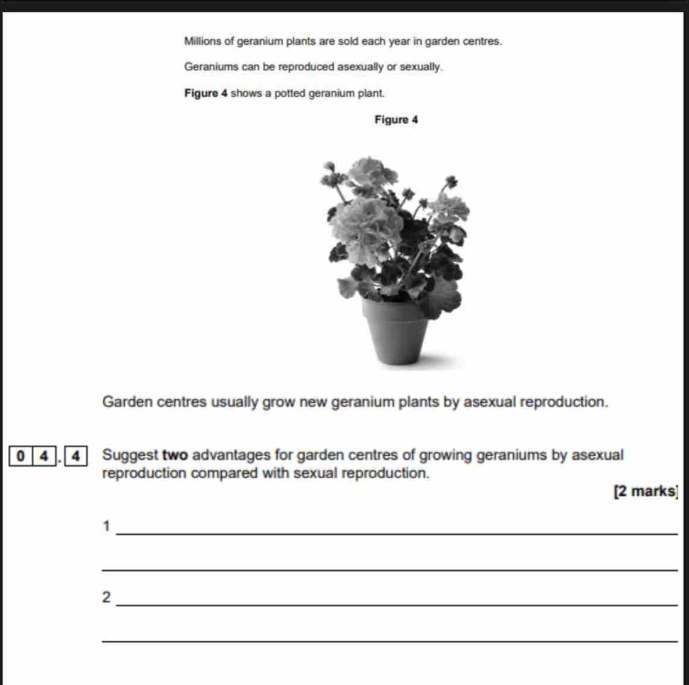 Millions of geranium plants are sold each year in garden centres. 
Geraniums can be reproduced asexually or sexually. 
Figure 4 shows a potted geranium plant. 
Figure 4 
Garden centres usually grow new geranium plants by asexual reproduction. 
0 4 4 Suggest two advantages for garden centres of growing geraniums by asexual 
reproduction compared with sexual reproduction. 
[2 marks] 
_1 
_ 
_2 
_