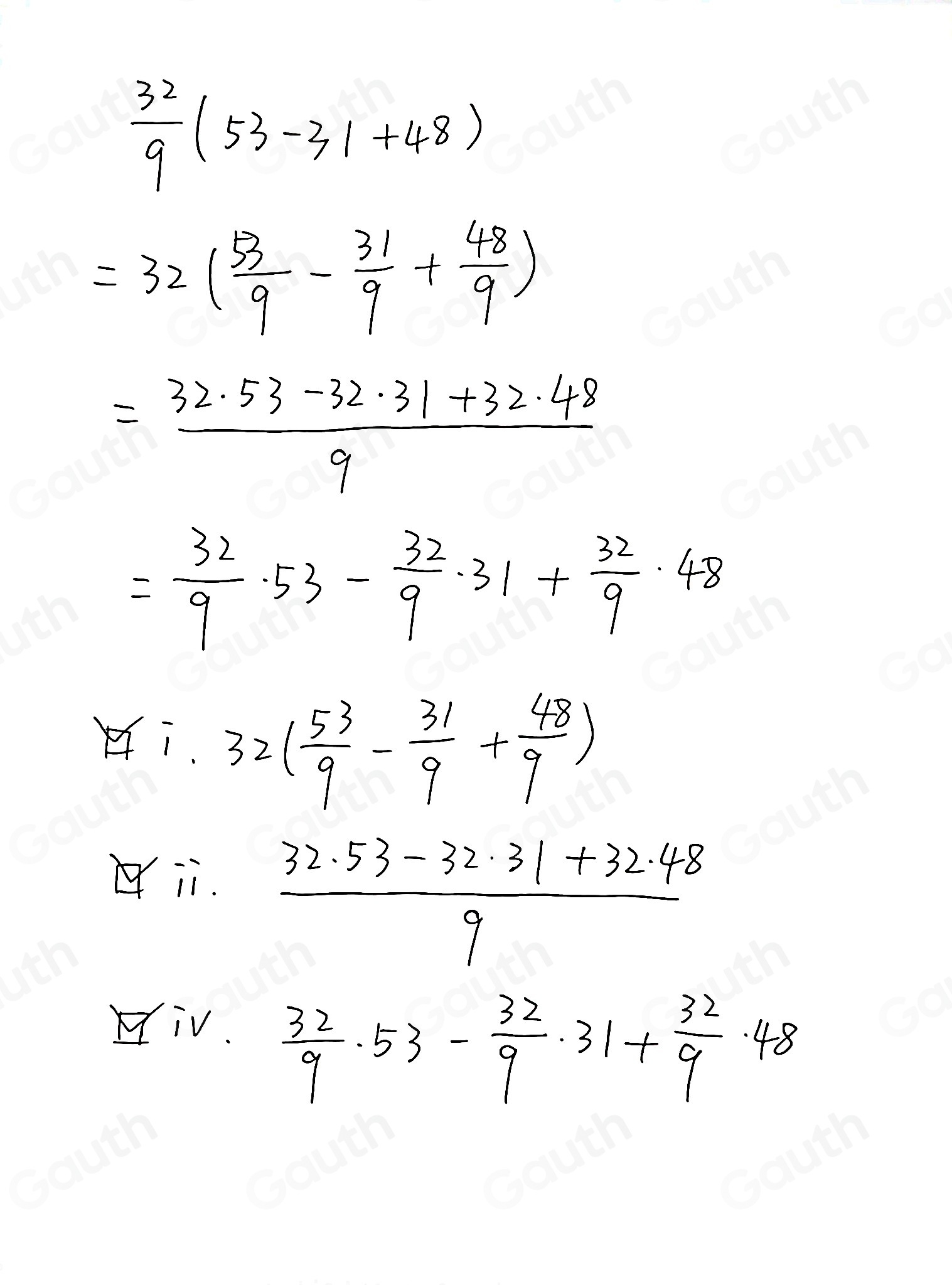 Solved: (3) Which expressions are equivalent to 32/9 (53-31+48) ? There ...