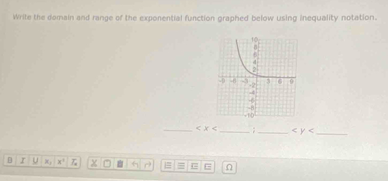 Write the domain and range of the exponential function graphed below using inequality notation. 
__
__
I x_2 x^3 T_x