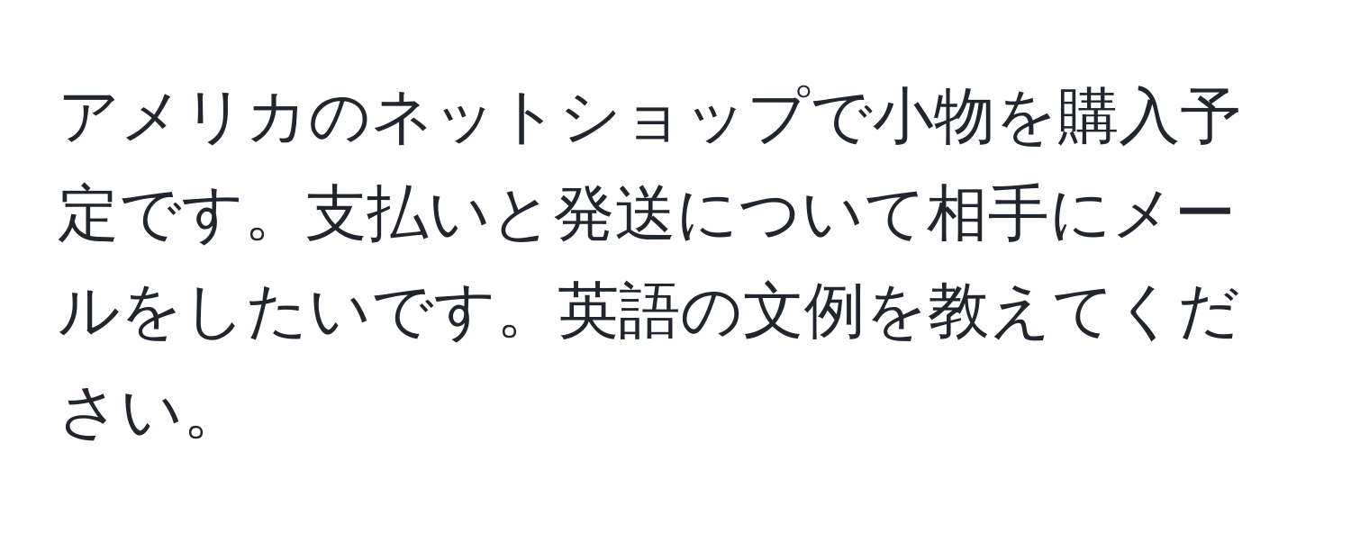 アメリカのネットショップで小物を購入予定です。支払いと発送について相手にメールをしたいです。英語の文例を教えてください。