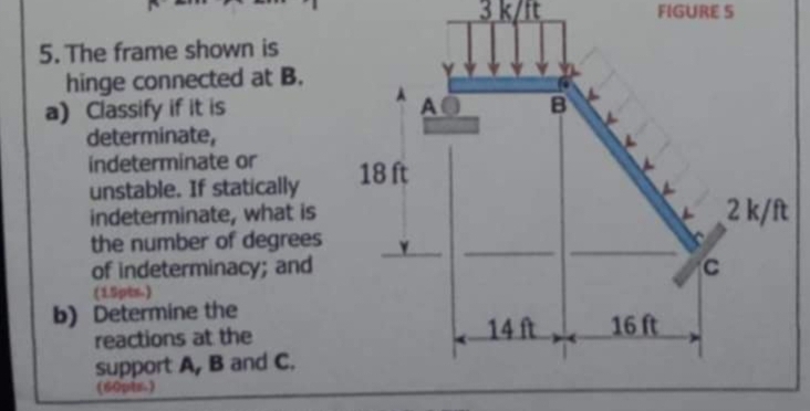 3k it FIGURE S 
5. The frame shown is 
hinge connected at B. 
a) Classify if it is 
determinate, 
indeterminate or 
unstable. If statically 
indeterminate, what is 
the number of degrees 
of indeterminacy; and 
(15pts.) 
b) Determine the 
reactions at the 
support A, B and C. 
(60pts.)