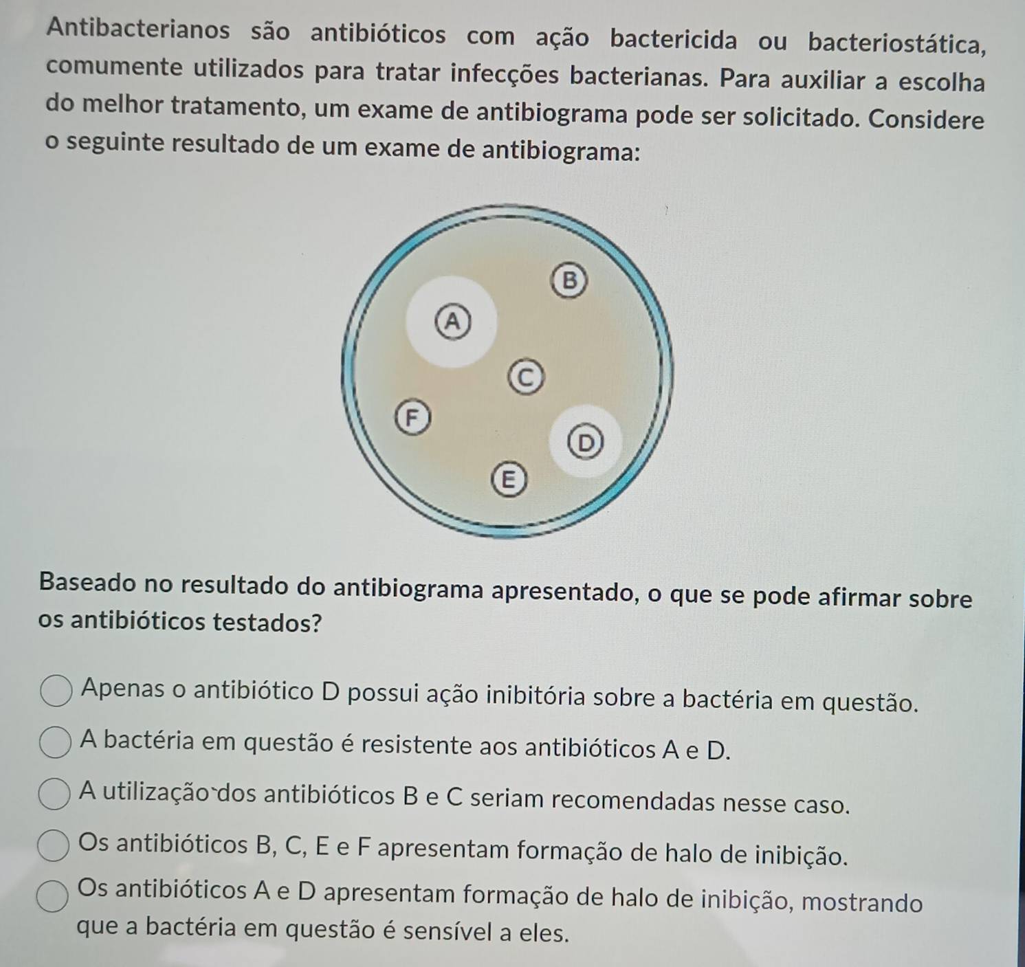 Antibacterianos são antibióticos com ação bactericida ou bacteriostática,
comumente utilizados para tratar infecções bacterianas. Para auxiliar a escolha
do melhor tratamento, um exame de antibiograma pode ser solicitado. Considere
o seguinte resultado de um exame de antibiograma:
Baseado no resultado do antibiograma apresentado, o que se pode afirmar sobre
os antibióticos testados?
Apenas o antibiótico D possui ação inibitória sobre a bactéria em questão.
A bactéria em questão é resistente aos antibióticos A e D.
A utilização dos antibióticos B e C seriam recomendadas nesse caso.
Os antibióticos B, C, E e F apresentam formação de halo de inibição.
Os antibióticos A e D apresentam formação de halo de inibição, mostrando
que a bactéria em questão é sensível a eles.