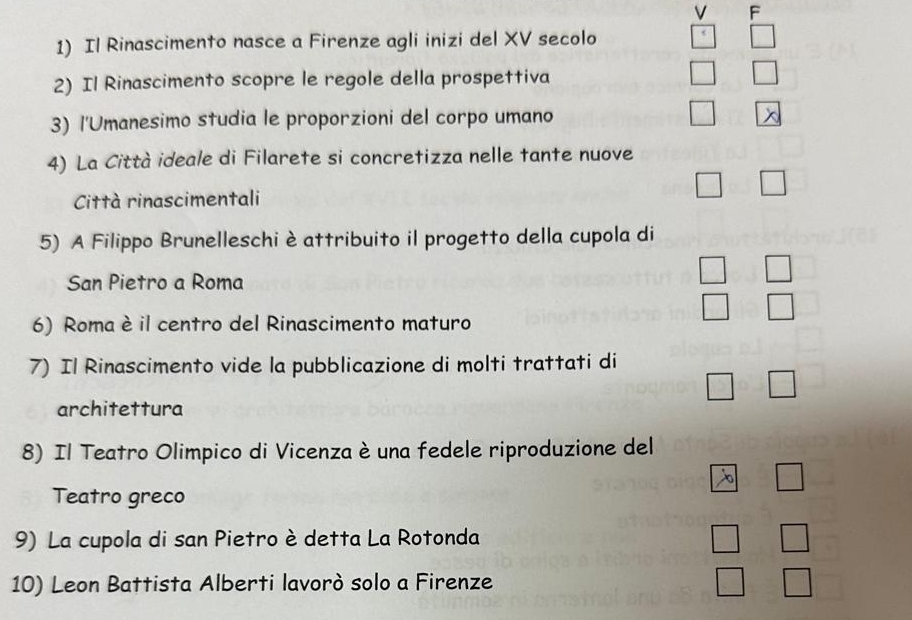 Il Rinascimento nasce a Firenze agli inizi del XV secolo 
2) Il Rinascimento scopre le regole della prospettiva 
3) l'Umanesimo studia le proporzioni del corpo umano 
4) La Città ideale di Filarete si concretizza nelle tante nuove 
Città rinascimentali 
5) A Filippo Brunelleschi è attribuito il progetto della cupola di
b+c=8
San Pietro a Roma 
6) Roma è il centro del Rinascimento maturo 
7) Il Rinascimento vide la pubblicazione di molti trattati di 
architettura 
8) Il Teatro Olimpico di Vicenza è una fedele riproduzione del 
Teatro greco 
9) La cupola di san Pietro è detta La Rotonda 
1 
10) Leon Battista Alberti lavorò solo a Firenze 
frac □ 