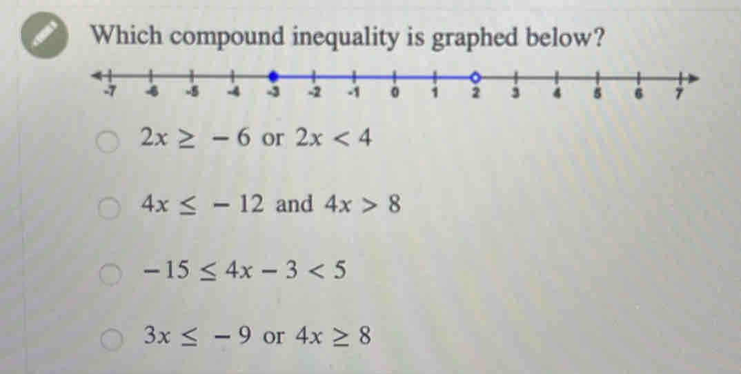 Which compound inequality is graphed below?
2x≥ -6 or 2x<4</tex>
4x≤ -12 and 4x>8
-15≤ 4x-3<5</tex>
3x≤ -9 or 4x≥ 8