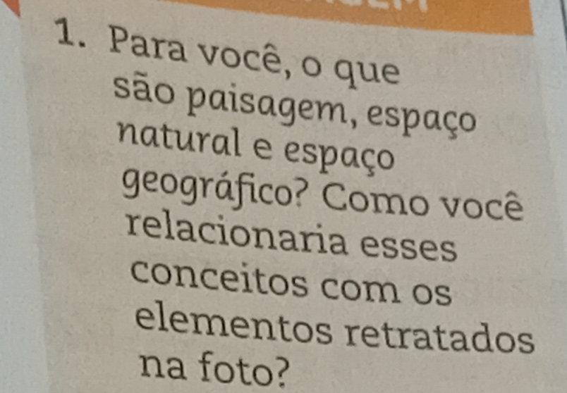 Para você, o que 
são paisagem, espaço 
natural e espaço 
geográfico? Como você 
relacionaria esses 
conceitos com os 
elementos retratados 
na foto?