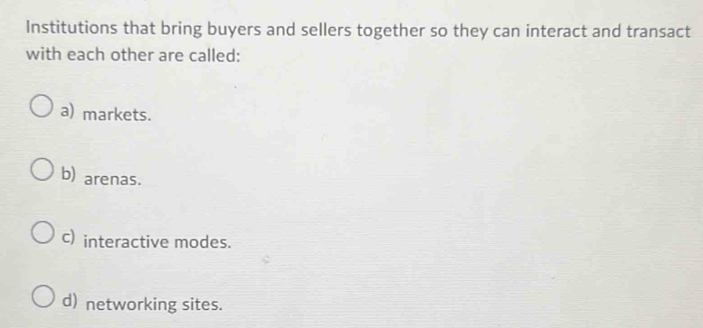 Institutions that bring buyers and sellers together so they can interact and transact
with each other are called:
a) markets.
b) arenas.
c) interactive modes.
d) networking sites.